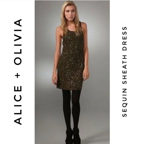 Alice + Olivia Silk Deep Olive Green Sequin Sleeveless Sheath Dress Sz L NWT